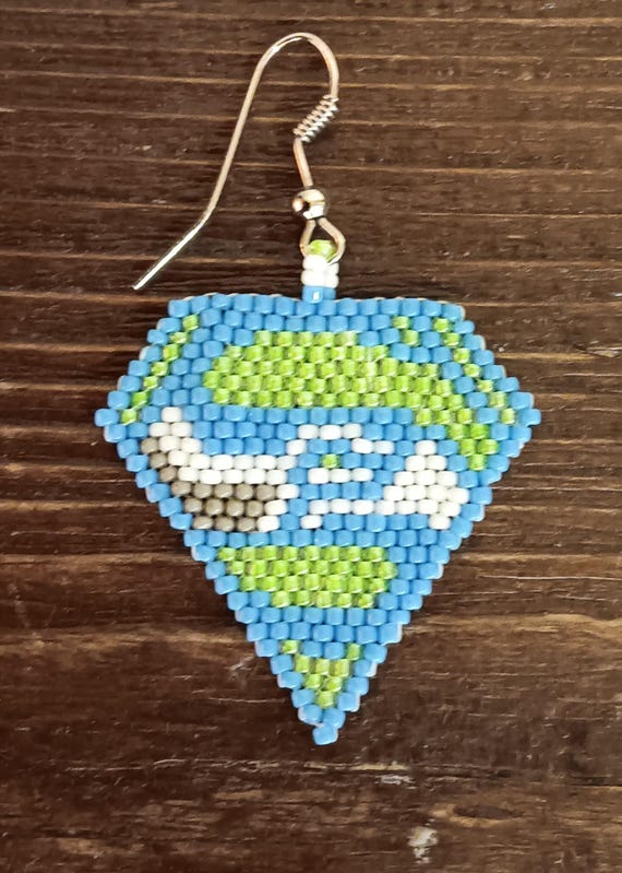 Handmade seed bead Seattle Seahawks emblem earrings green blue gray white
