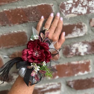 Burgundy Silk Corsage with Black Feathers: Prom Homecoming