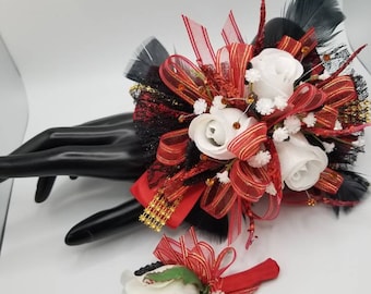 Red and black silk wrist corsage set homecoming corsage prom corsage set
