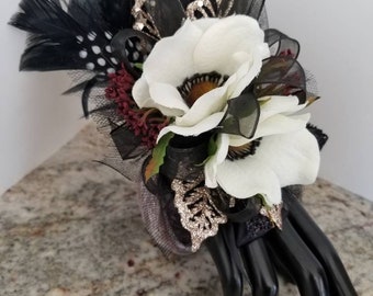 Black and gold silk anemone wrist corsage set homecoming prom corsage set