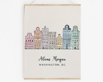 Adams Morgan letterpress print/Adams Morgan letterpress and watercolor print/ DC print/ washington dc art/row home print/row house art