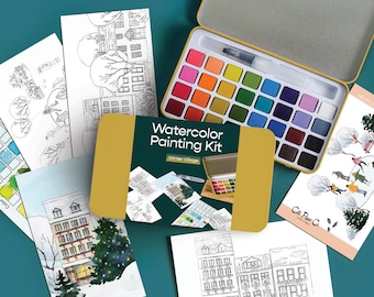 Winter Village watercolor painting kit/watercolor paints/kids crafting kit/adult painting kit/modern watercolor paint kit