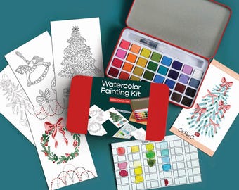 Retro Christmas Watercolor Painting Kit, Portable Art Set and tin