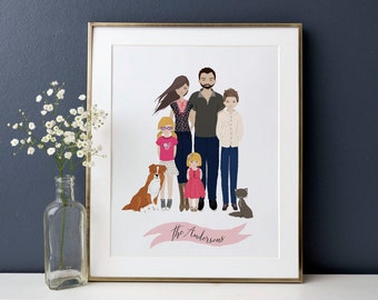 Family Portrait Illustration Custom Family Portrait Drawing Personalized Family Name Print Custom Family Cartoon fathers day Gift