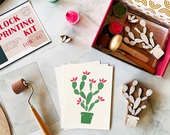 Blooming Cactus Wood Block Printing Kit / Printmaking kit/ woodblock print / DIY kit/ print kit/ block printing/ craft kit/ adult art kit