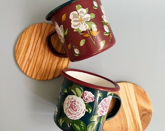 Floral Enamel Mug/camping mug/ enamel mug/ flower mug/ camellia flower mug/ magnolia flower mug/ floral drinkware