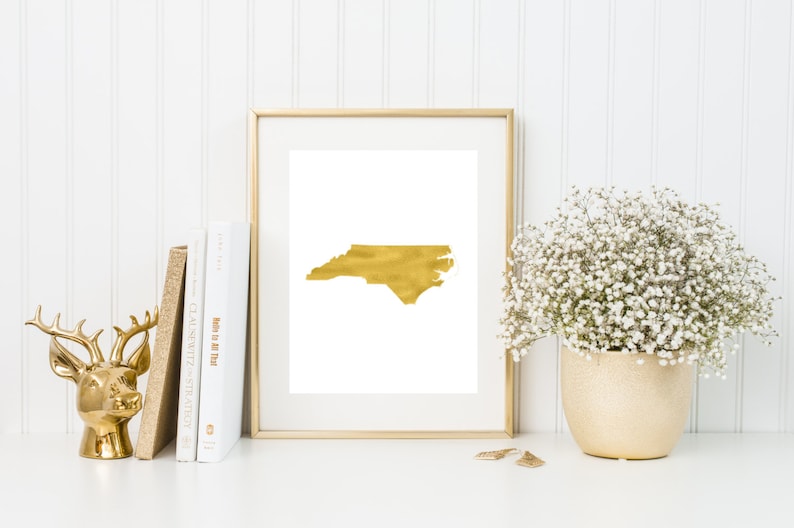 North Carolina gold foil print/ NC state print/ state art/ home state print/ home print/ state print/ NC art/ NC print/ custom state art image 1