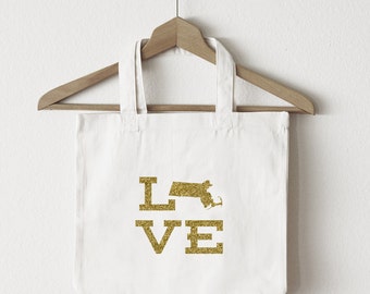 Love Massachusetts tote bag/custom tote/market bag/canvas shopping bag/state tote/market tote/ reuseable bag/ Massachusetts state bag/ gold