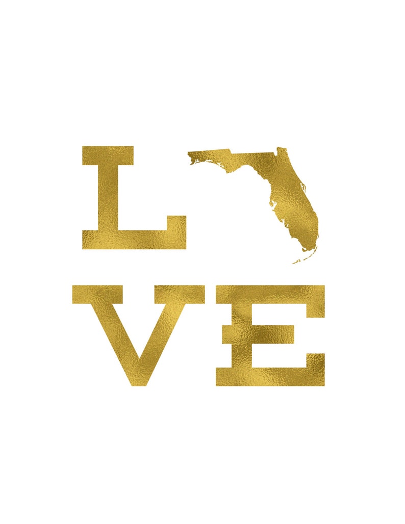 Florida love gold foil print state art Florida print state printhome state custom statestate of the heart FLhome print