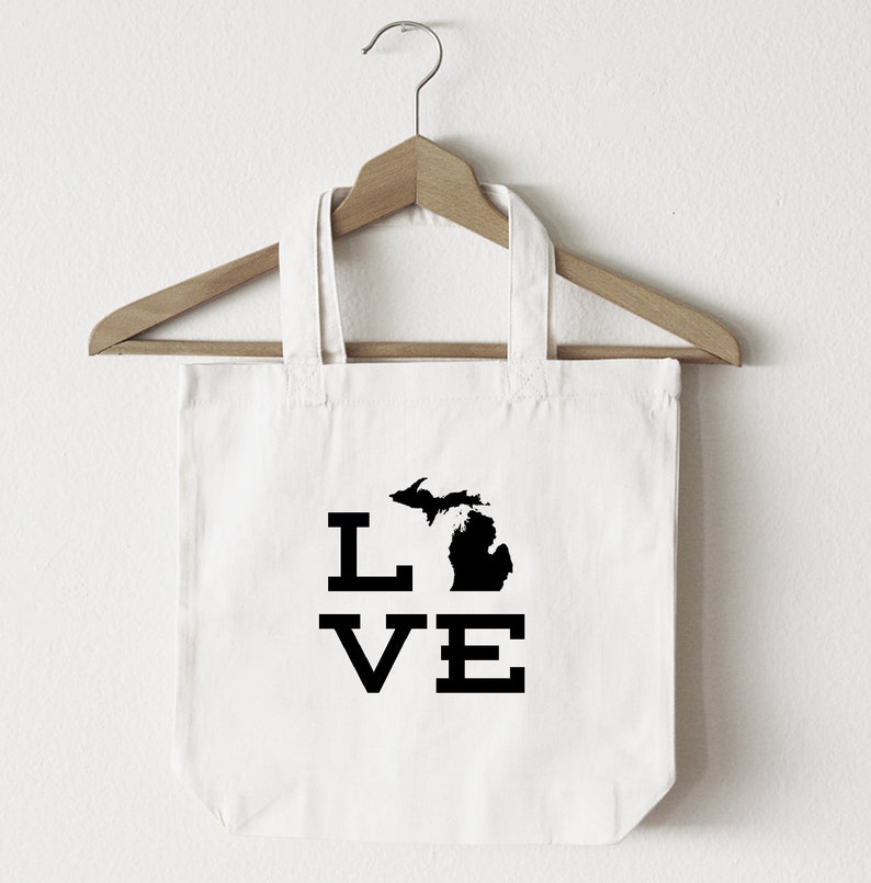 Love Michigan tote bag/custom tote/market bag/canvas shopping bag/state tote/market tote/ reuseable bag/ Michigan state bag/ gold image 2