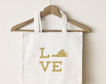 Love Virginia tote bag/custom tote/market bag/canvas shopping bag/state tote/market tote/ reuseable bag/ Virginia state bag/ gold glitter