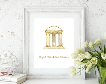 Chapel Hill gold foil print/Old Well print/Chapel Hill Tarheel/ UNC art/Tarheel art/Old Well Art/Chapel Hill North Carolina gold foil print