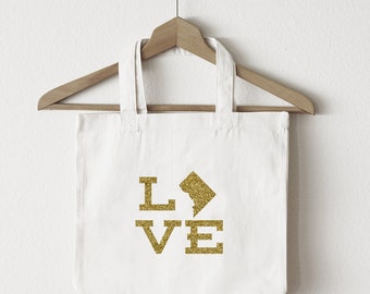 Love Washington DC tote bag/custom tote/market bag/canvas shopping bag/state tote/market tote/ reuseable bag/ Washington DC state bag/ gold