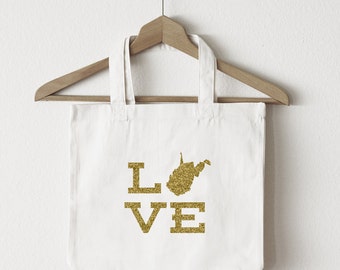 Love West Virginia tote bag/custom tote/market bag/canvas shopping bag/state tote/market tote/ reuseable bag/ West Virginia state bag/ gold