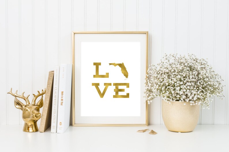Florida love gold foil print state art Florida print state printhome state custom statestate of the heart FLhome print
