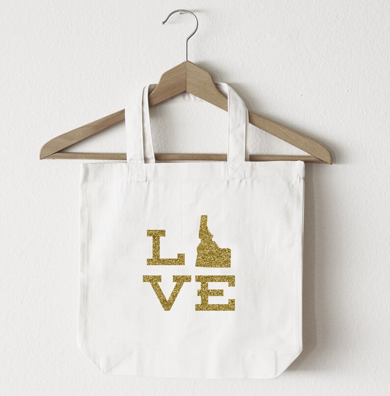 Love Idaho tote bagcustom totemarket bagcanvas shopping bagstate totemarket tote reuseable bag Idaho state bag gold glitter