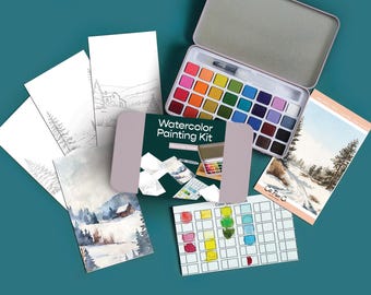 Winter Forest Watercolor Painting Kit, Portable Crafting Set and Tin