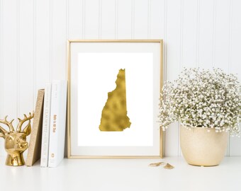 New Hampshire gold foil print/ NH state print/ state art/home state print/ home print/ state print/NH art/NH print/ custom state art
