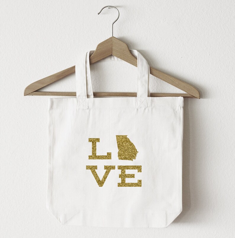 Love Georgia tote bagcustom totemarket bagcanvas shopping bagstate totemarket tote reuseable bag GA state bag gold glitter