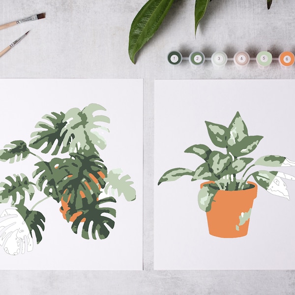 Kit de pintura por números de plantas tropicales en maceta / Regalo para el Día de la Madre / Pintura por números personalizada / Kit de manualidades para niños / Kit para colorear para adultos / Pintura por números moderna