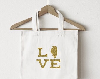 Love Illinois tote bag/custom tote/market bag/canvas shopping bag/state tote/market tote/ reuseable bag/ Illinois state bag/ gold glitter