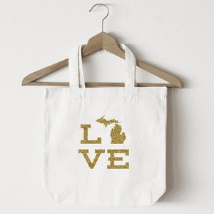 Love Michigan tote bag/custom tote/market bag/canvas shopping bag/state tote/market tote/ reuseable bag/ Michigan state bag/ gold image 1