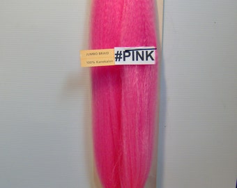 Puede incluir: Dos mechones de extensiones de cabello sintético de color rosa brillante, empaquetados en una tarjeta blanca con el texto "Jumbo Braid 100% Kanekalon #PINK".