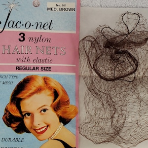 May include: Package of three brown nylon hair nets with elastic. The package has a picture of a woman with red hair wearing a hair net. The text on the package reads "Jac-o-net 3 nylon HAIR NETS with elastic REGULAR SIZE FRENCH TYPE TINY MESH DURABLE".