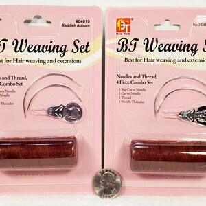 May include: Two packages of hair weaving supplies, each containing a needle threader, two curved needles, a spool of thread, and the text "BT Weaving Set, Best for Hair weaving and extensions, Needles and Thread, 4 Piece Combo Set, 1 Big Curve Needle, 1 Curve Needle, 1 Thread, 1 Needle Threader".