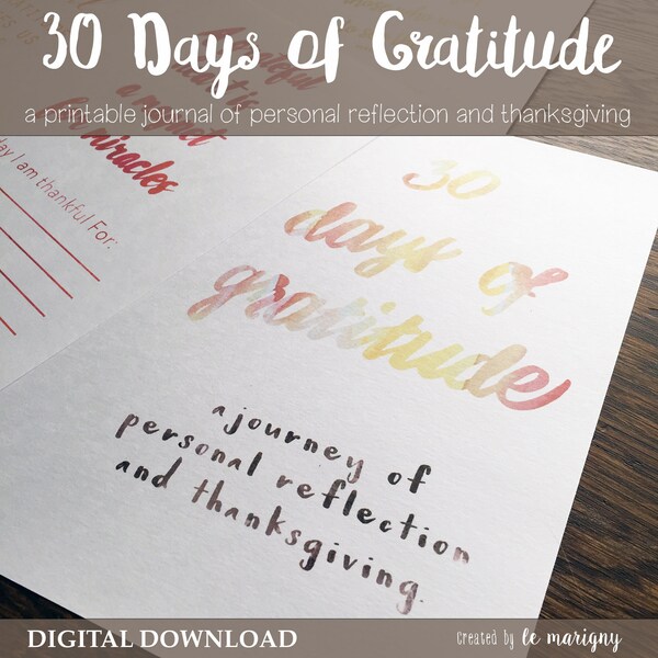 30 Days of Gratitude Journal, Thanksgiving, Month of Thanksgiving, Watercolor Lettering, Journal Reflection, Instant Download