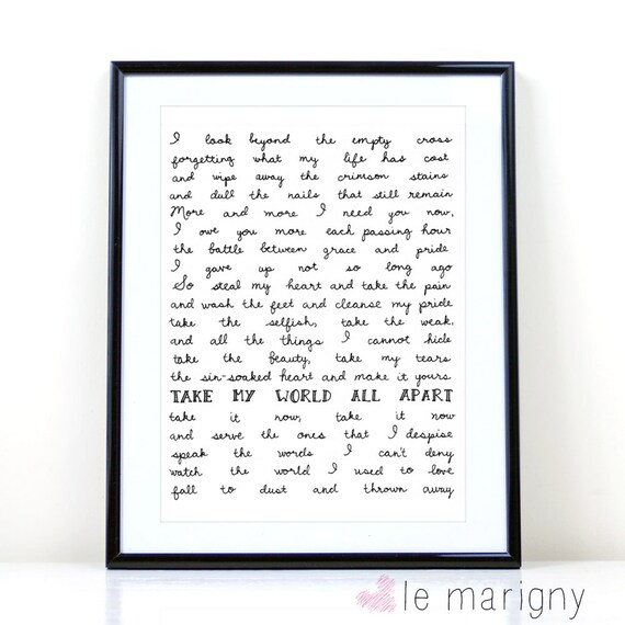 Items similar to Christian Song Lyrics, Worlds Apart, Hand Lettering