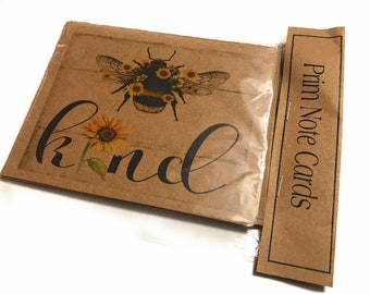 Notecard,bee kind,bumble bee,blank cards,primitive greeting cards, note cards, Kraft brown,sunflower, kraft paper, stationary, bee, hive