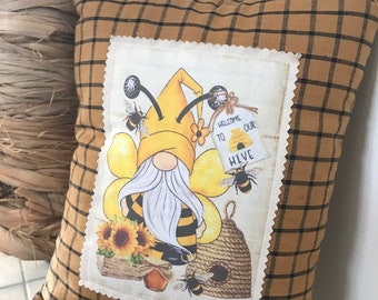 Bee decor, gnome decor, throw pillow, bee happy, be yourself, bee party,sunflower decor, pillow for swing, porch pillow, bee display, bee