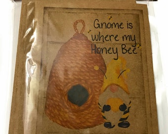Notecard,honey bee,gnome,blank cards,primitive greeting cards, note cards, Kraft brown,sunflower, kraft paper, stationary, bee, hive