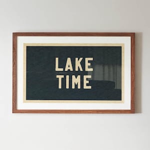 Print in retro-kampstijl: Lake Time-poster, buitenkunst, natuurkunst, hutdecoratie