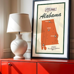 Retro Alabama parken print buiten kunst cadeau voor kinderen natuur kunst Alabama poster cabine muur decor buiten kunst aan de muur vissen kamperen