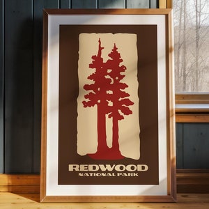 Retro Redwood Travel Print Redwood Art California Wall Art National Park Poster Outdoorsy Gift for Traveler Wilderness Wall Decor