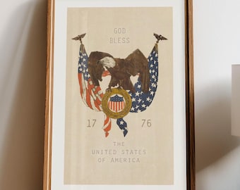 God Bless US Print: Retro Eagle Poster, Patriotic Wall Art