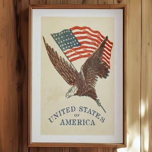 Puede incluir: Impresión vintage enmarcada con una bandera estadounidense y un águila volando. La obra de arte, con el texto "United States of America", está sobre un fondo crema. La impresión se muestra en una pared de madera sobre una cama con almohadas blancas y una almohada roja.