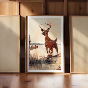 See Hirsch Gemälde Vintage Jagd Druck Retro Hirsch Jagd Wand Dekor Outdoorsy Wandkunst Hirsch Poster Cabin Kunstwerk Dad Geschenk für Jäger