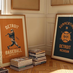 Retro Detroit Sports Prints Retro Baseball Art Poster Set of 2 Sports Team Wall Art Baseball Decor Gift for Sports Fan