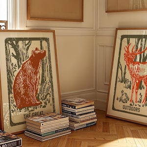 Retro Outdoors Art Prints Bear + Deer Posters Set of 2 Outdoorsy Wall Prints Home Office Decor Nature Wall Art Hunting Gift for Dad