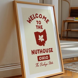 May include: A framed poster with a light wood frame leans against a white wall. The poster features the text "WELCOME TO THE NUTHOUSE OHIO" in red, with a red outline of the state of Ohio. The text "The Buckeye State" is below.