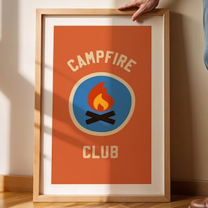 Retro Campfire Club Print Camping Gift for Friend Nature Art Hiking Poster Cabin Wall Decor Outdoorsy Wall Art RV Camper Decor Kids