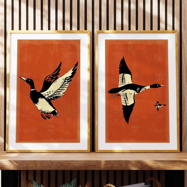 Retro wilde eend kunstafdrukken vogels jagen posters set van 2 buiten muur prints thuiskantoor decor natuur kunst aan de muur jacht cadeau voor hem