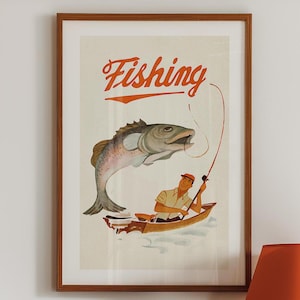 Retro Fishing Print Old Time Fishing Art Poster Gift for Fisherman Wall Art Kids Room Outdoorsy Decor Fishing Gift for Dad
