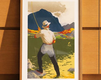 Man Fishing Print: Retro Outdoors Art, Cabin Wall Art, Lake House Decor