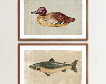 Rustic Wildlife Art Prints: Duck and Fish Poster Set