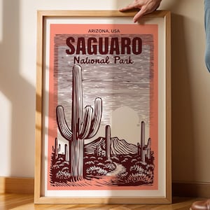 Impresión retro de saguaro, arte de Arizona, decoración de pared de viaje, póster del Parque Nacional Saguaro, arte de pared al aire libre, regalo para viajeros