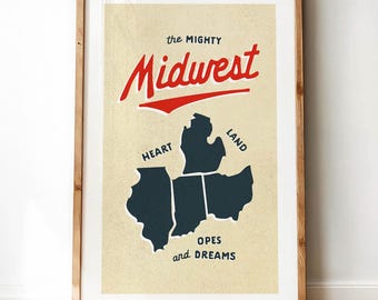 MIGHTY MIDWEST PRINT: Retro Style State Travel Poster